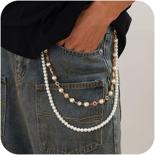 Wallet Chain Layered Pants Chains for Men Women, Punk Jeans Key Chain Accessories Exquisite Rhinestone Flower Pearl