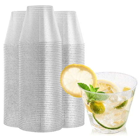 FOCUSLINE 100 Pack Silver Glitter Plastic Cups 9 oz Clear Plastic Cups Tumblers  Fancy Disposable Ha