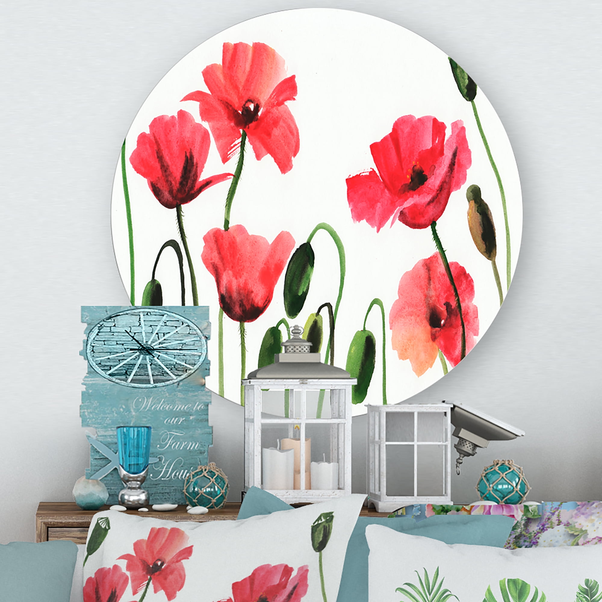 Designart 'Ancient Red Blooming Poppies' Traditional Circle Metal Wall Art 11x11 - Disc of 11