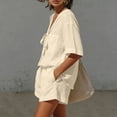 thumbnail image 5 of OGLCCG 2 Piece Cotton Linen Sets for Women V Neck Short Sleeve Tops and Wide Leg Shorts Summer Casual Beach Outfits with Pockets,XXXL, 5 of 7