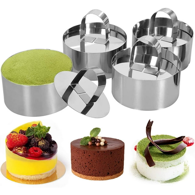 Anillos de pastel de acero inoxidable, 3 x 3 pulgadas Postre Mousse y molde para hornear pasteles, juego de 4 (4 anillos, 4 empujadores) Anillos de cocina Ormromra WMZY-146-1