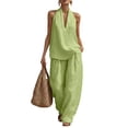thumbnail image 2 of 2 Piece Sets for Women Sleeveless Halter Neck Linen Tank Top Causal Wide Leg Pants Matching Set Beach Vacation Outfits, S, 2 of 9