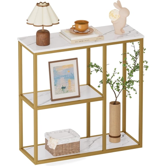 Console Table, Small Entryway Table with Storage Shelves 12'' Narrow Sofa Table Modern Hallway Table for Living Room 31.5" x12''x31.5'' White and Gold