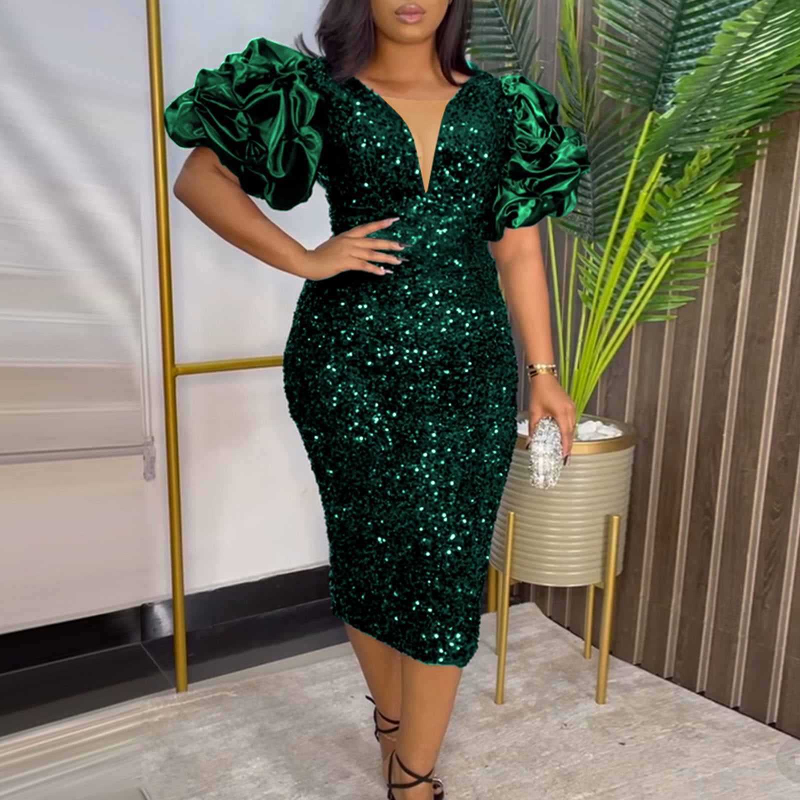 fartey Women Plus Size Sparkly Sequins Dress Deep V Neck Bodycon Dresses  Slim Fit Ruffle Sleeve Maxi Sundress Elegant Trendy Glitter Evening Party  Club Dresses