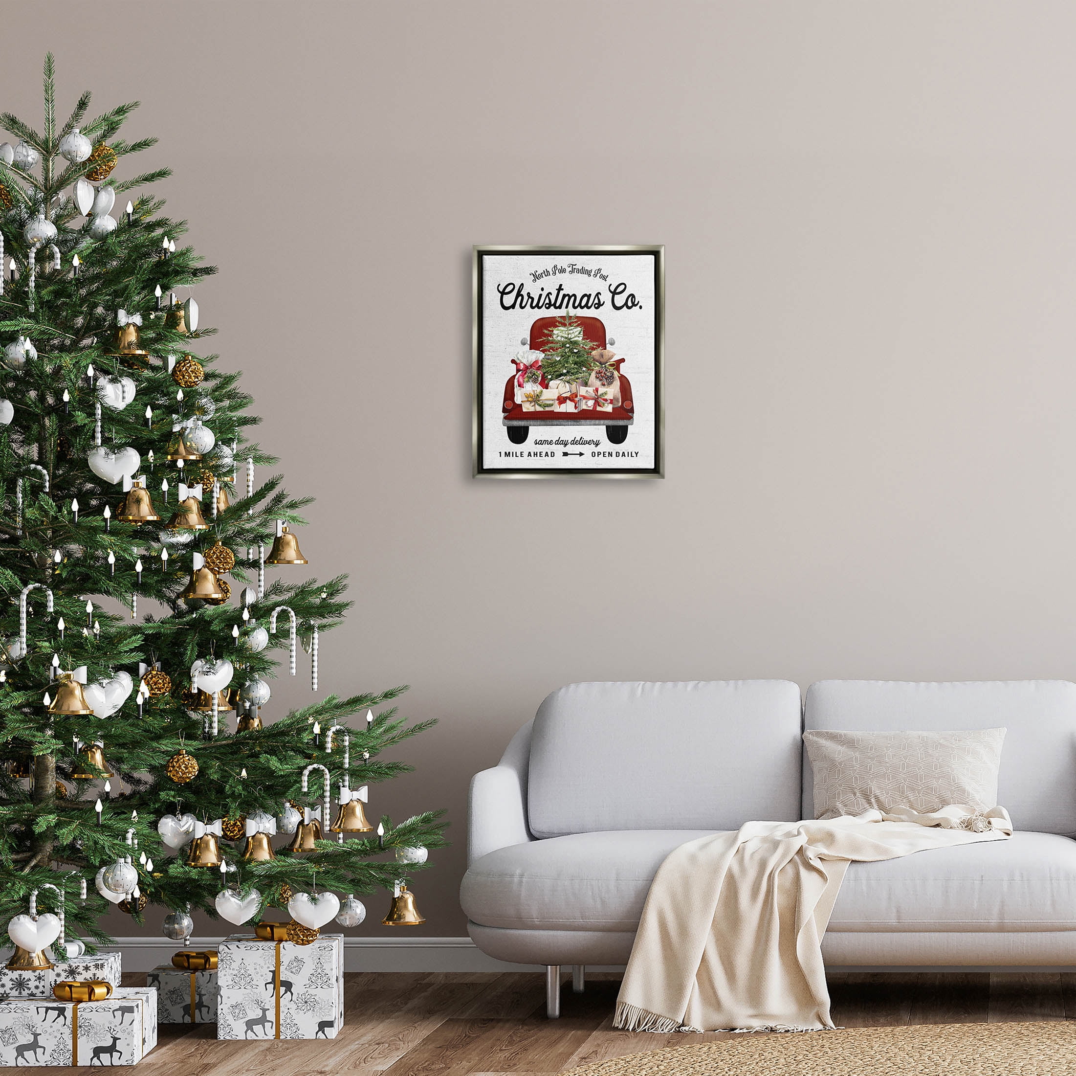 Stupell Industries North Pole Christmas Co. Sign Graphic Art Luster Gray Floating Framed Canvas Print Wall Art, Design by Lettered and Lined