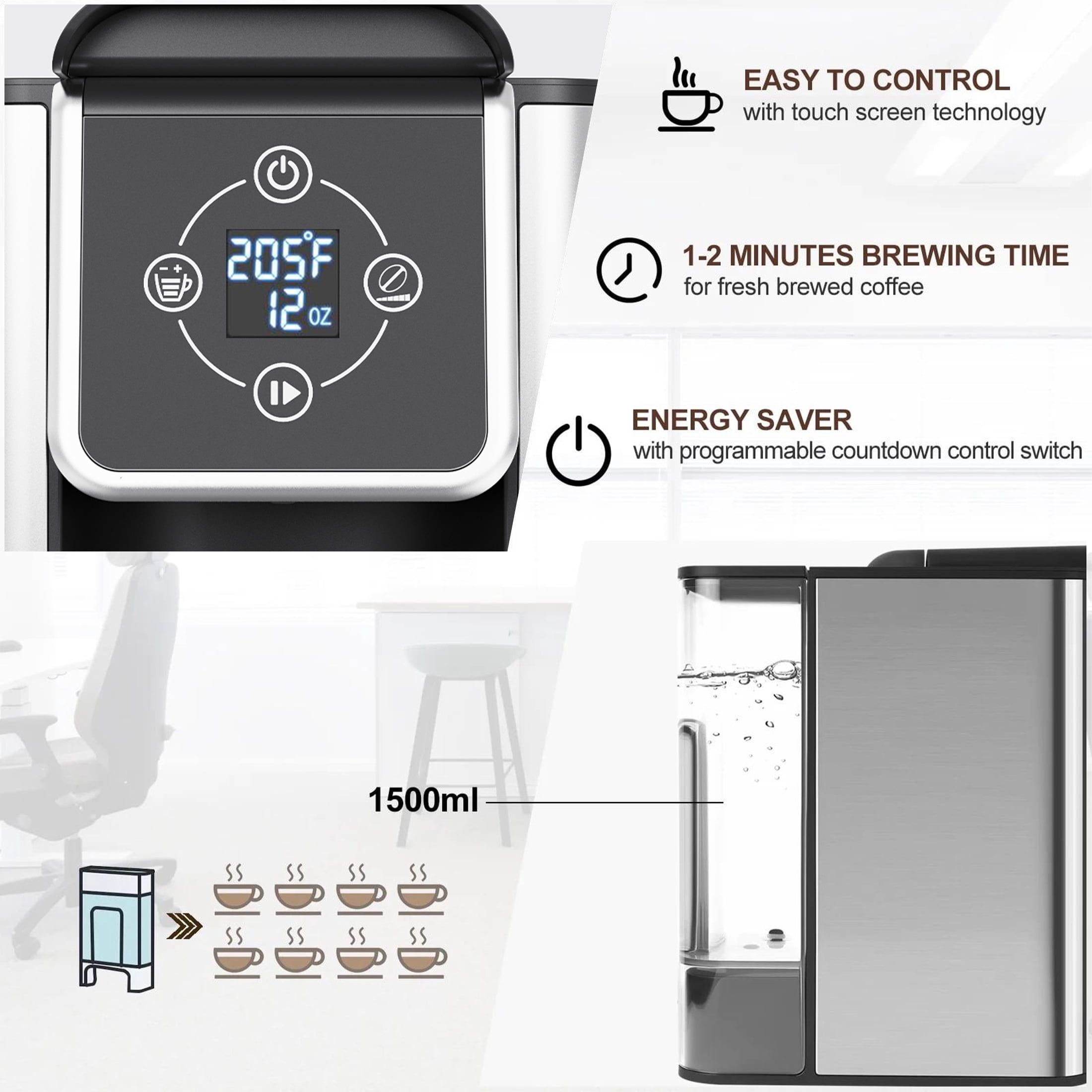 SIFENE 3 in 1 Single Serve Coffee Maker: Coffee Machine Compatible with K Cup Capsules & Grounds, Instant Coffee Pot, Tea Maker Brewer with Digital Dispaly, 120V 1150W, Black