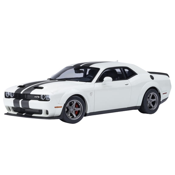 2023 Dodge Challenger SRT Super Stock Knuckle White with Carbon Stripes 1/18 Model Car by Autoart