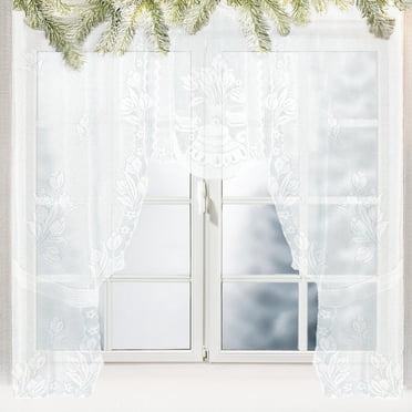 Cozeii Lace Curtain for Kitchen, Sheer Cafe Curtain with Rod Pocket, Elegant Floral Window Curtain, Light Filtering, Privacy, for Bathroom, Bedroom, Easy to Install, Window Treatments, 47x41 Inches