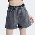thumbnail image 2 of Women's High Waisted Wide Leg Denim Shorts Chic Rolled Hem Stretchy Summer Jean Shorts with Pockets, 2025 Trendy A-Line Casual Hot Pants, 2 of 4
