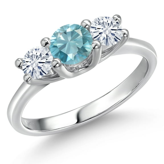 Gem Stone King 14K White Gold Blue Zircon & White Moissanite 3-Stone Engagement Ring | 1.31 Cttw | Round 5MM and 4MM | Three Stone Wedding Anniversary Promise Ring for Women (Size 8)