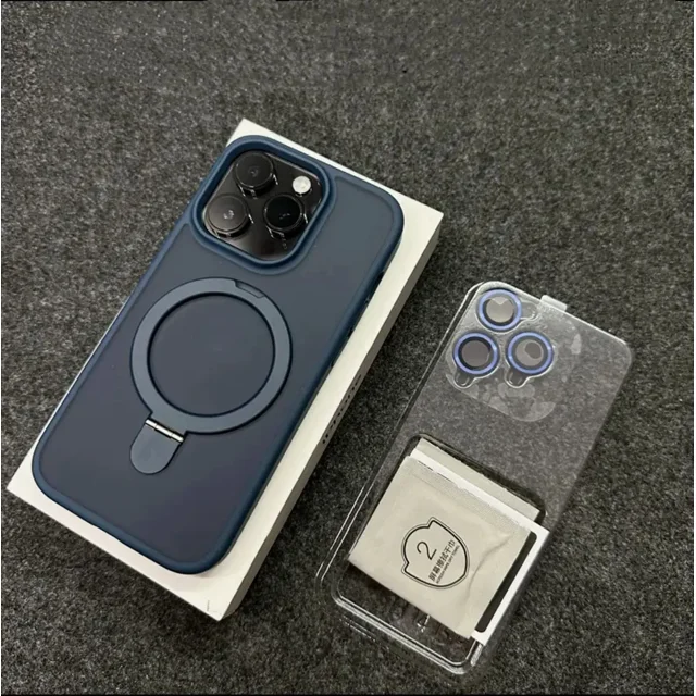 Metal Ring Stand Matte Magnetic Case for Magsafe IPhone 15 14 13 12 16 Pro Max Plus 15Pro i15 with Lens Protector Mac Safe Cover blue For iPhone 13Pro Max