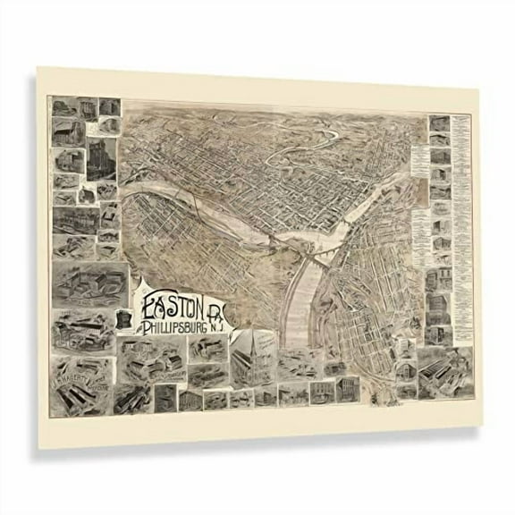 HISTORIX Vintage 1900 Easton Pennsylvania & Phillipsburg New Jersey Map Print - 18x24 Inch Bird's Eye View of Easton PA & Phillipsburg NJ Map Poster