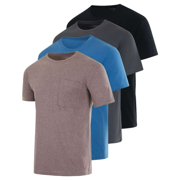 Real Essentials 4 Pack: Men's Cotton Performance Short Sleeve Crew Neck Pocket T-Shirt Athletic Top (Available in Big & Tall)