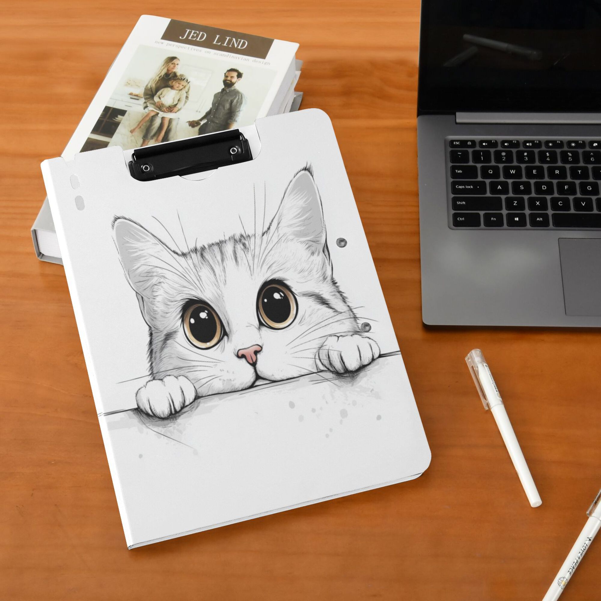 FORMRS A4 Clipboard Folder with Pen Holder Horizontal Foldable School Office Binder, White Cat