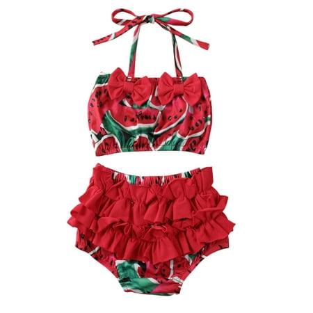 

Summer Toddler Baby Girl Casual Printed Swimwear Set Kids Bowknot Lace Up Top+Ruffles Shorts Swimsuit