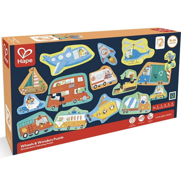 Hape: Wheels & Wonders Puzzle - 15 Mini Vehicle Shaped Puzzles, 2-6 Oversized Pieces Each, Animal & Transportation Themed, Toddlers & Kids Ages 18mo 