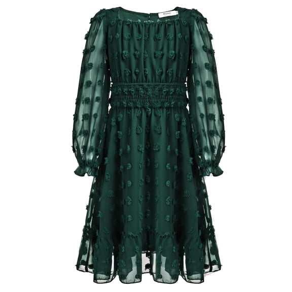 Arshiner Girls A-Line Dresses Chiffon Long Sleeve Square Neck Swiss Dot Flowy Casual Party Dress