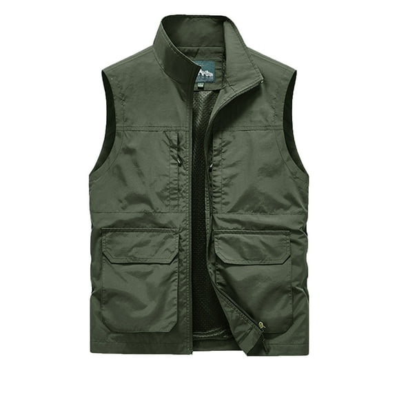 Lovskoo 2024 Men's Summer Casual Outdoor Work Fishing Travel Photo Cargo Vest Jacket Multi Pockets Solid Color Stand Collar Sports Leisure Coat Olive Green L
