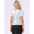 thumbnail image 3 of DARING DIVA Women's Metallic V Neck Ruffle Sleeve Shiny Wrap Blouse L Silver, 3 of 6