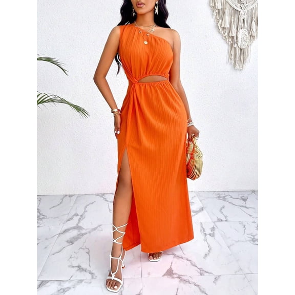 Coral Orange Asymmetrical One Shoulder Cutout Maxi Dress With Thigh Split And Drawstring Waist