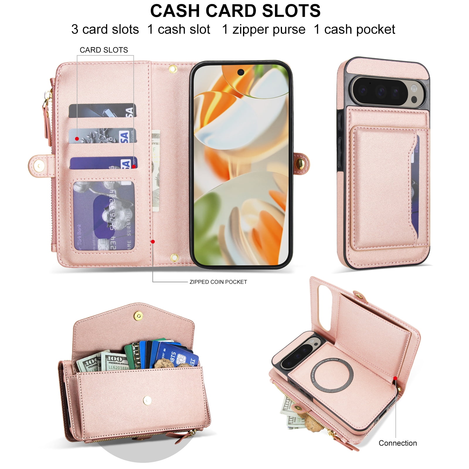 Designed for Google Pixel 8 Multi-Function Wallet Phone Case,With Shoulder Strap&Wrist Strap,Cash Pocket&Card Slots,Zipper Purse,Magnetic Detachable PU Leather Flip Phone Case,Rosegold
