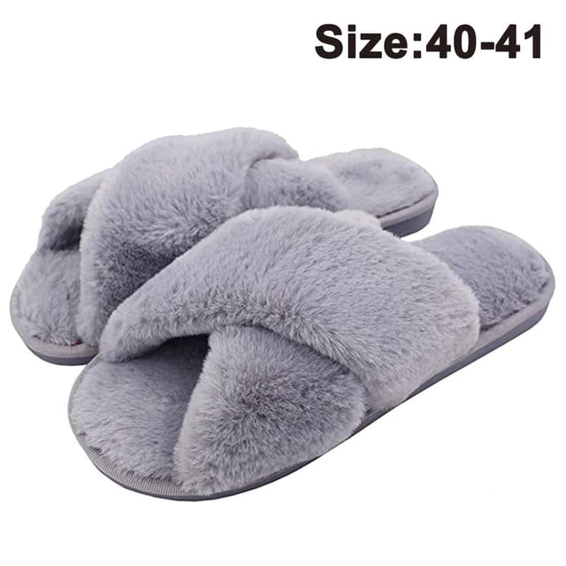 Pantuflas para mujer, punta abierta, peludas, esponjosas, para casa, acogedoras, de espuma viscoelástica, antideslizantes, de felpa, cruzadas, peludas, para interior y exterior Ormromra 2034321-3