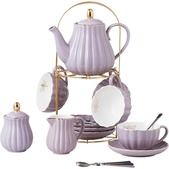 -- 8 OZ Fine China Purple Coffee Cup/Teacup Set, Cups & Saucer, with Teapot-Sugar Bowl-Cream Pitcher Teaspoons and tea strainer for Tea/Coffee,17-Pieces- Service for 4 (Purple)