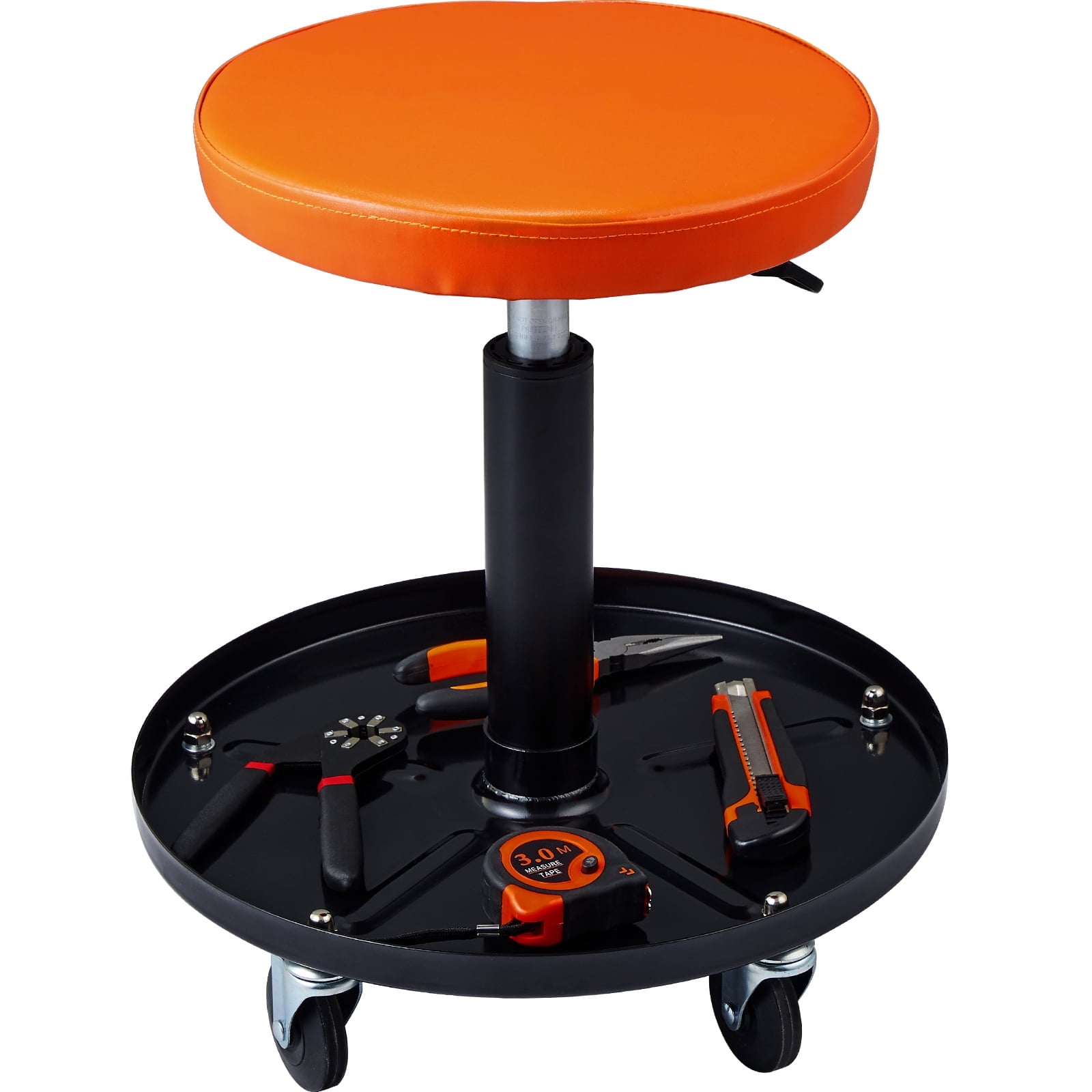 KFFKFF Mechanic Seat, 250 LBS Capacity, Pneumatic Rolling Creeper for Garage/Shop, Height Adjustable 22-28 in, Comfortable Workshop Stool with Tool Tray, Black+Orange