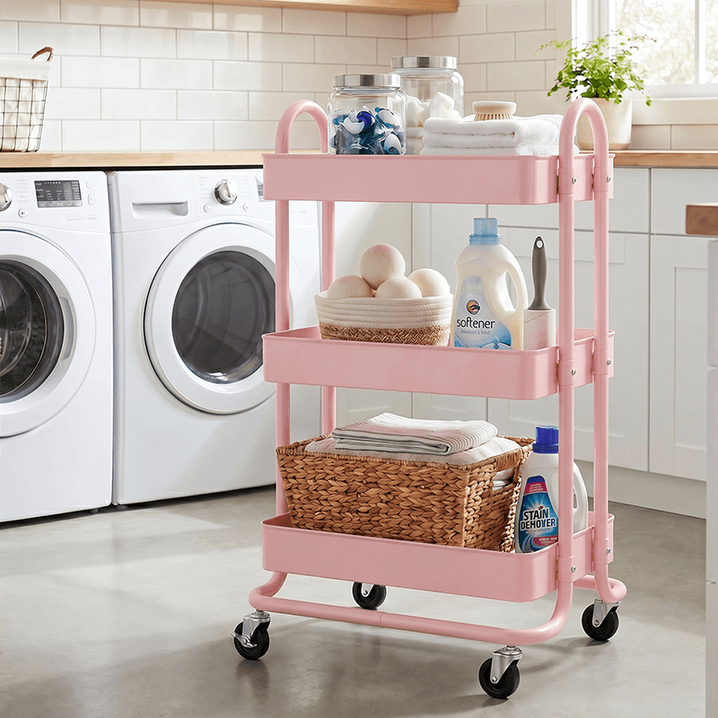 Fenbeli 3-Tier Metal Rolling Utility Cart with Wheels, pink, 18"L x 13.4"W x 31"H