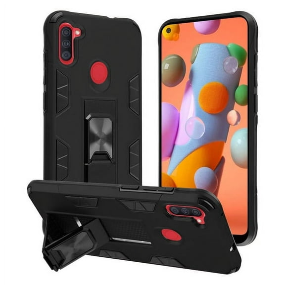 Samsung Galaxy A11 Phone Case [Shockproof] Rugged Rubber Dual Layer Armor Protective Case with Metal for Magnetic Car Mount Hybrid Kickstand Heavy Duty Cover [BLACK] for Samsung Galaxy A11 [2020]