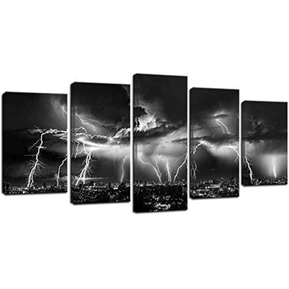 Biuteawal - Black and White City Wall Art Nature Lightning Strikes in The Clouds Painting on Canvas Storm Cityscape Picture Print for Home Office Bed
