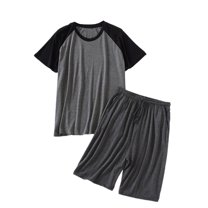 SWSMCLT Men's Pajama Set Elastic Waist Drawstring 2 Piece Raglan Knee Length Short Sleeve Pajamas Summer Sleeping Pjs Cool Sleepwear Short Sleeve Shirt Shorts Set Soft Dark Grey Small