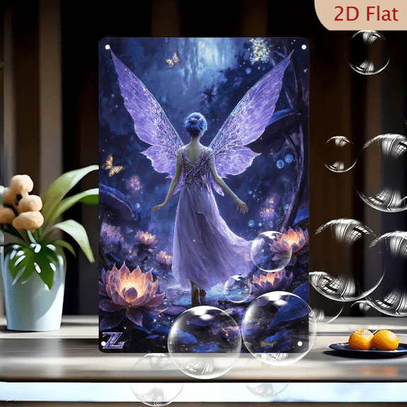 8x12 Inches Fairy with Purple Wings Walking Through Glowing Lotus Pond, Fantasy Art Metal Wall Decor for Bedroom Living Room, Magical Night Forest Scene, Stained Glass Style Painting