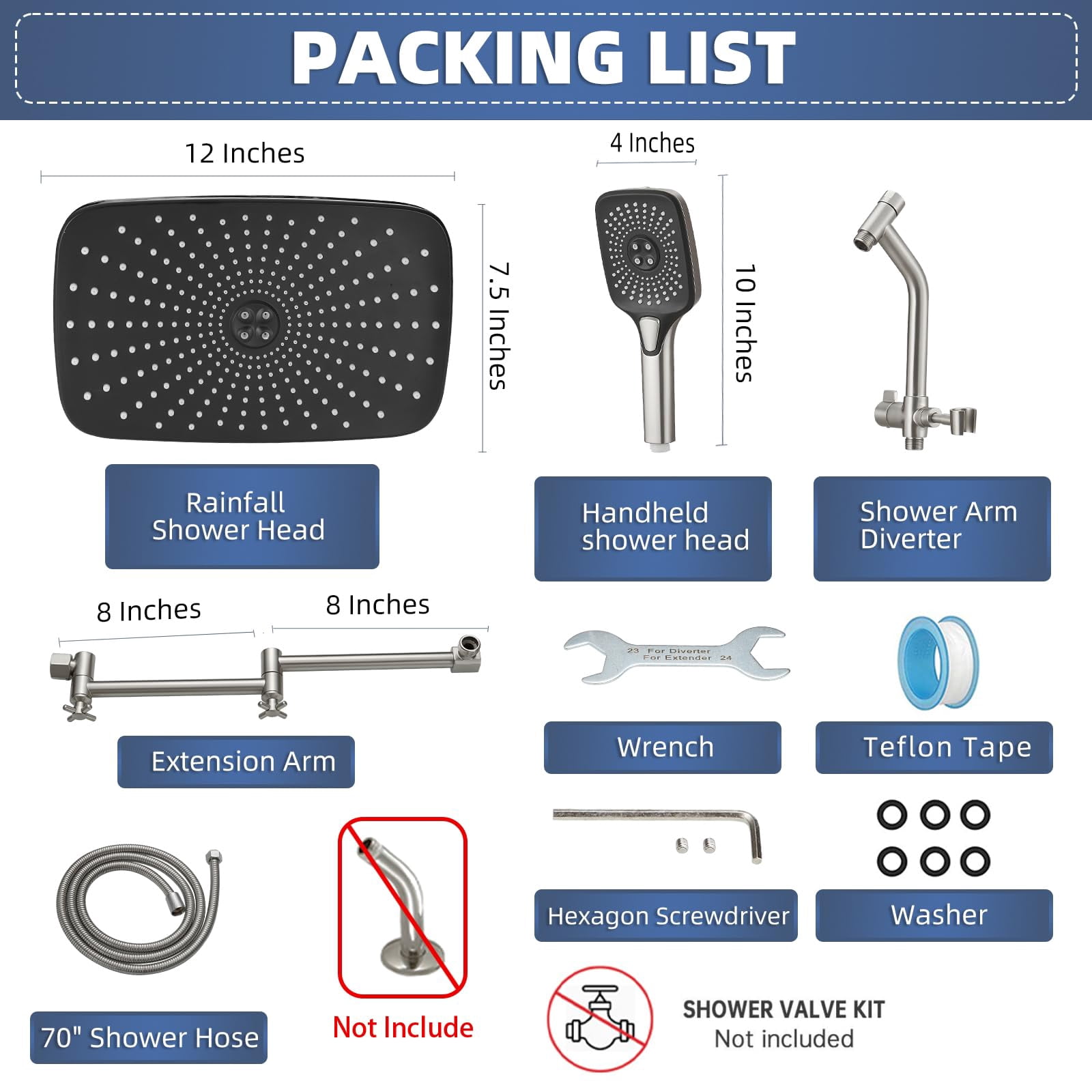 12" High Rain/rainfall Shower Heads With Handheld Spray Combo (3+1 Settings & Built-in Power Wash Mode)  Double/dual Head - Height/angle Adjustable(brushed Nickel)