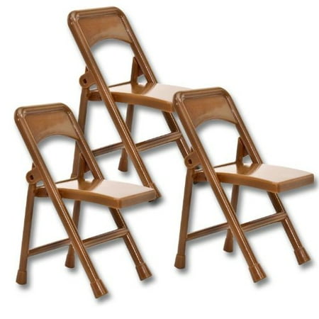 Set Of 3 Brown Plastic Toy Folding Chairs For Wwe Wrestling Action Figures