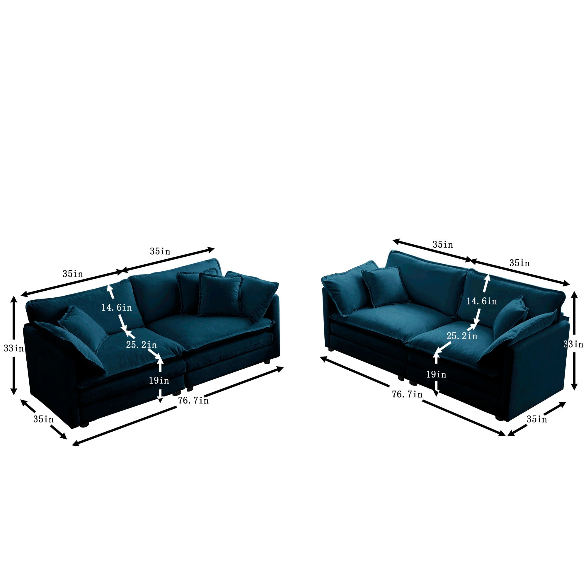 2 - Piece Living Room Set, 2 Pieces Upholstered Loveseat and Couch for Home Office Lounge, Sofa Set of 2, 2-Piece (2+2 Seat) Couch Set for Living Room (Blue)
