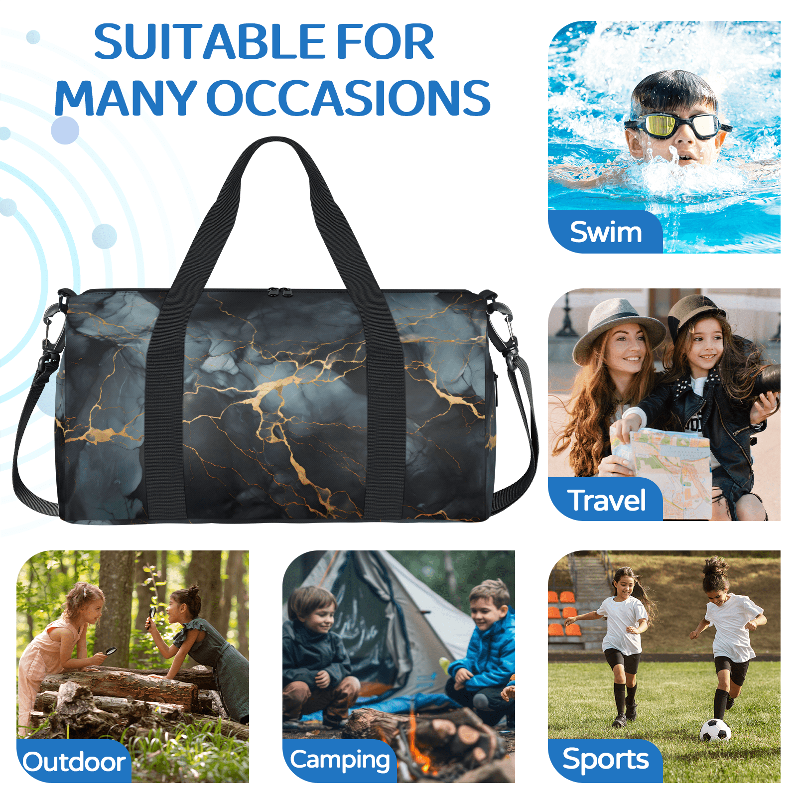 Herdesigns Black Marble Travel Duffle Bag Sports Yoga Weekender Overnight Carry on Workout Bags Lightweight Waterproof Gym Tote Bag for Women