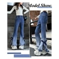 thumbnail image 4 of Happy Cherry Flare Jeans Pants for Girls Bell Bottom Pants Cute Bow Kid Denim Trousers Flare Leg Elastic Waist Skinny Bottoms with Pockets 5-6 Years, 4 of 7