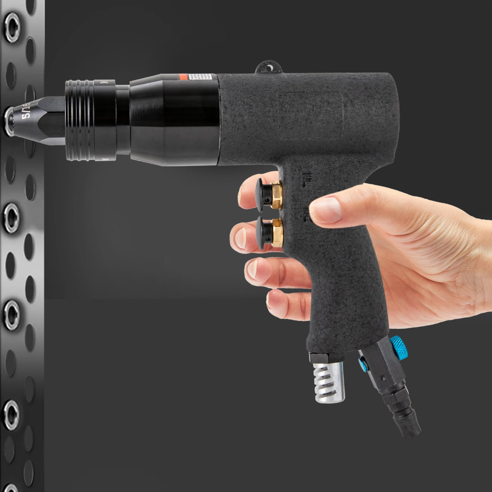Dwellnix Air-Powered Rivet Gun, Adjustable Speed, Forward and Reverse Functions, 10-24", 1/4", 5/16", 3/8 Gun Heads, Dustproof, Silenced Exhaust, Durable and Compact Design