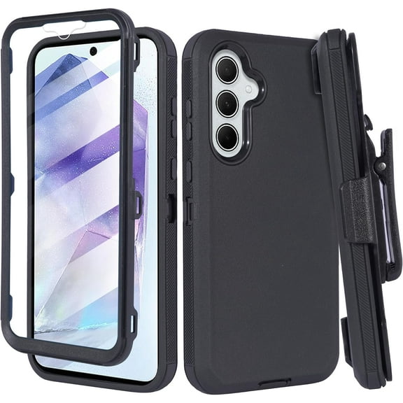 Designed for Samsung Galaxy A55 5G 2024 Case with Belt Clip Holster, Built-in Screen, Anti-Drop, Shockproof, with Kickstand, Heavy Duty Protection (Black)