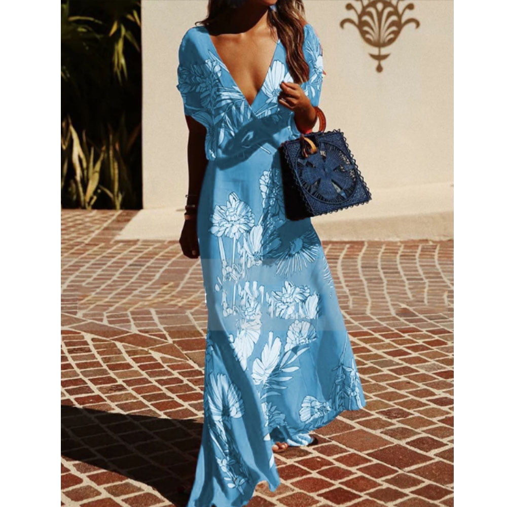 Women's Boho V Neck Floral Dress Backless Beach Split Maxi