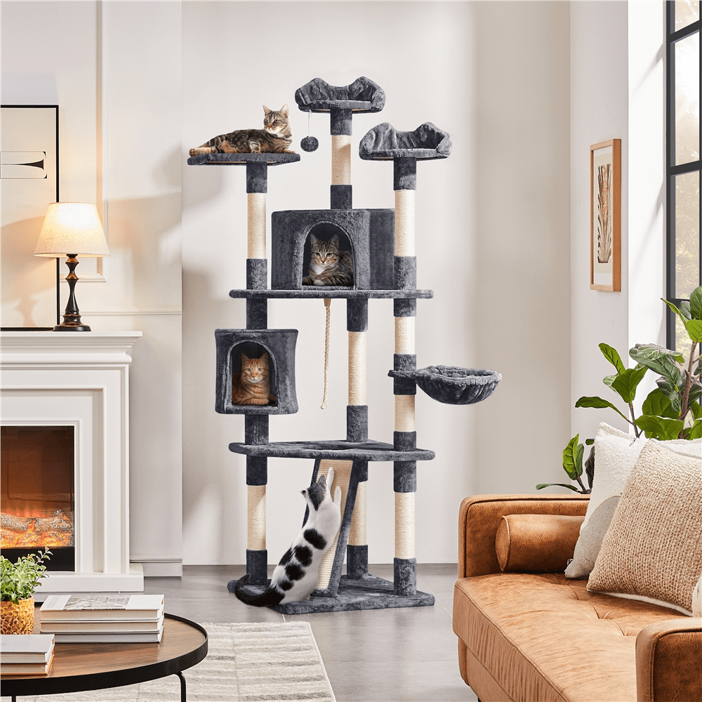 Alden Design 79"H Multilevel Large Cat Tree Condo Tower with Scratching Post, Dark Gray