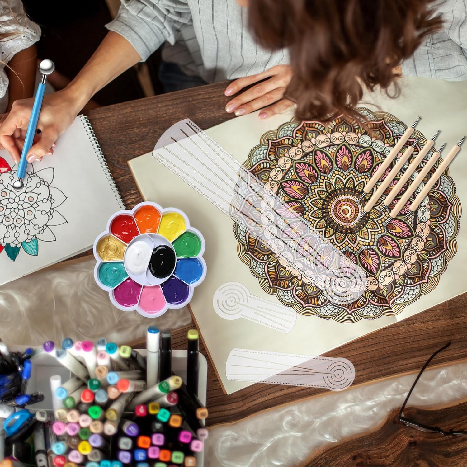 17 Pcs Mandala Dot Painting Tool Kit 3-in-1 Mandala Ruler with Holes 3 Thumb Tacks 10 Ball Stylus Flower Paint Palette for DIY Rock Painting Clay Modeling Drawing and Drafting