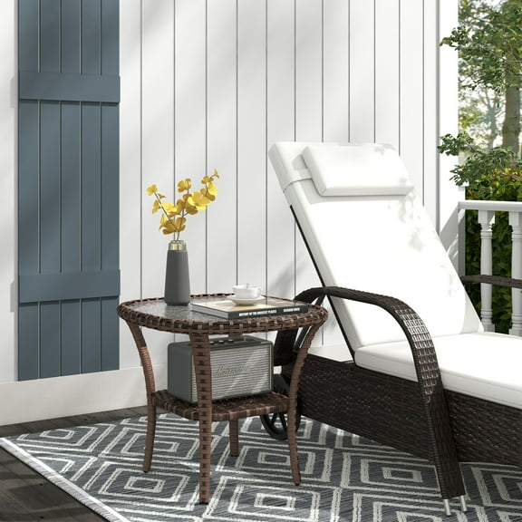 Outsunny Rattan Coffee Table with Storage Shelf, Hand-Woven Wicker Outdoor Side Table with Water-Ripple Glass Top, Mix Brown