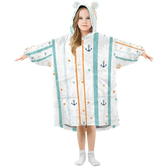 FORMRS Wearable Blanket Hoodie with Sleeves for Kids Cozy Flannel Sweatshirt, Cute Nautical Pattern