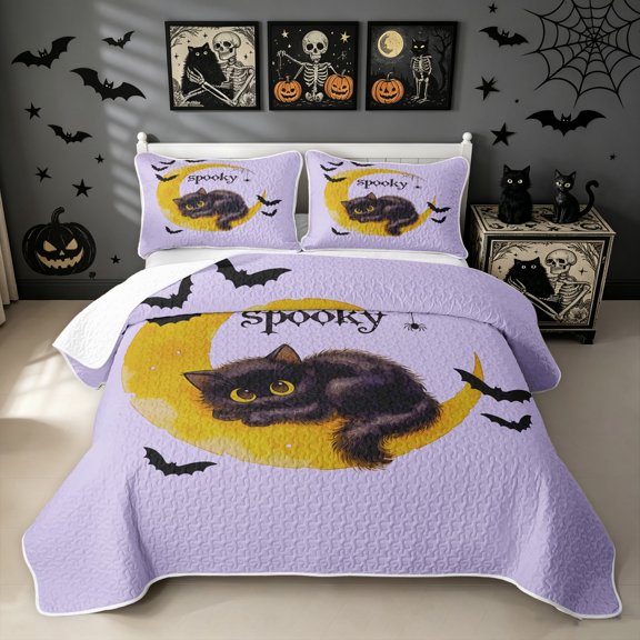 Manfei Halloween Black Cat Twin Quilt Set, Galaxy Moon Twin Coverlet Set, Lavender Golden, 2 Pieces, 1 Bedspread and 1 Pillowcase