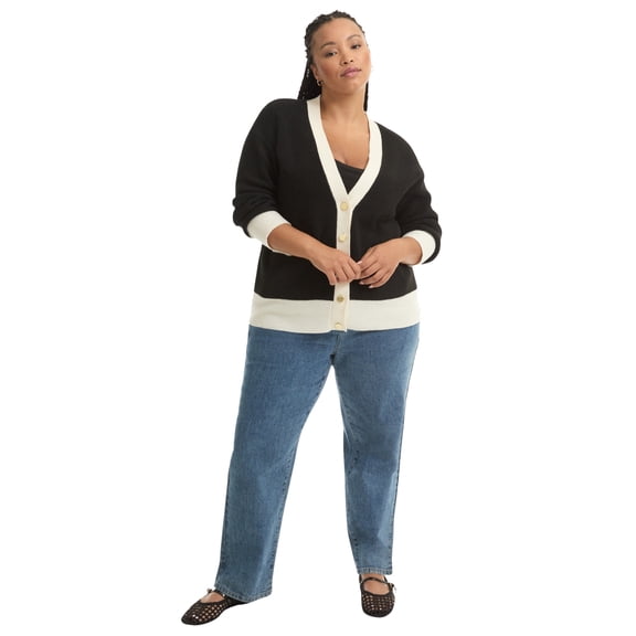 June & Vie Women's Plus Size Contrast V-Neck Cardigan
