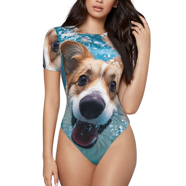 Balery Sea Swimming Corgi Body de cuello redondo de manga corta para mujer Tops de manga corta Tops básicos-Large