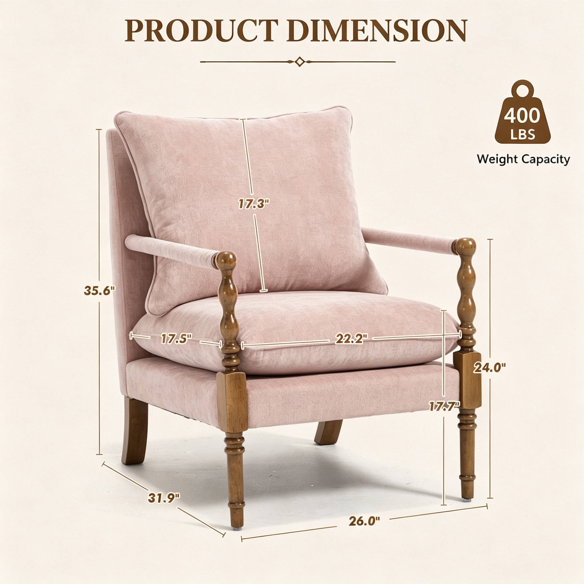 Mid-Century Vintage Spindle Armchair,Chenille Accent Chair with Cushion & Wood Frame for Living Room Bedroom Office,Pink