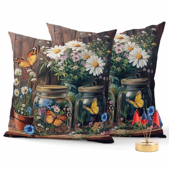 2 Pack Outdoor Waterproof Throw Pillow Covers,Country Flower Vase Butterfly Decorative Square Patio Pillowcases for Chair Couch Sofa 16x16in